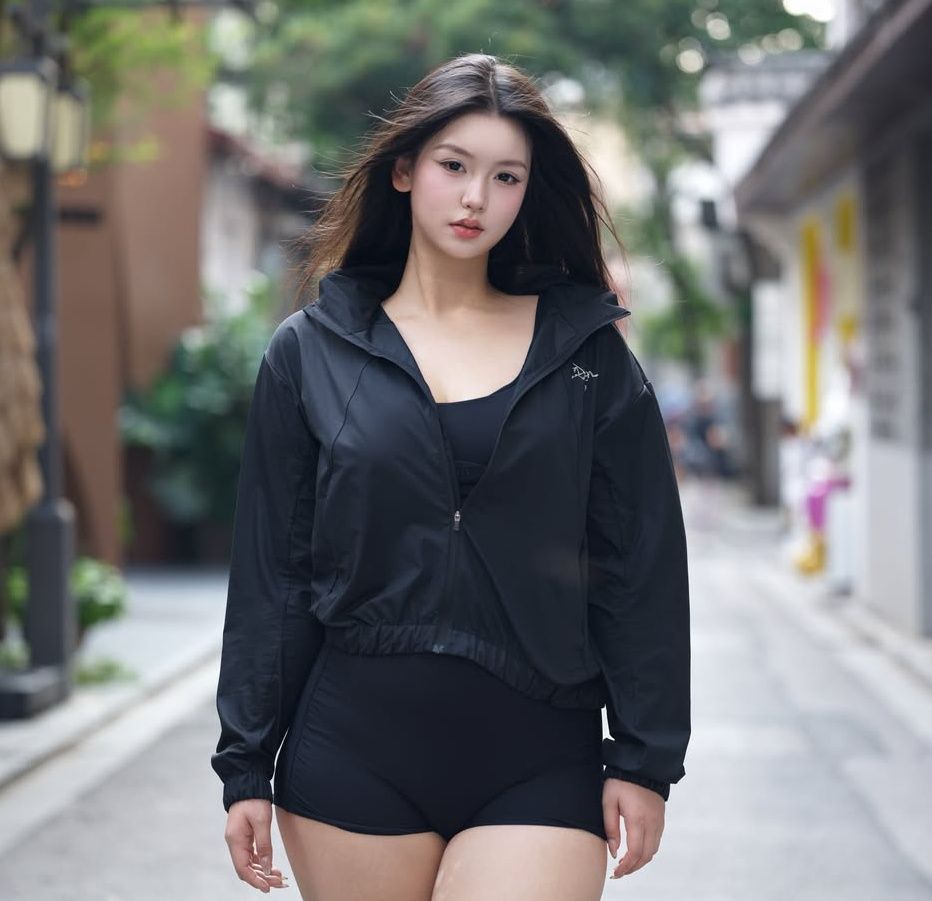 Sika Cheng steps out in a sleek monochromatic athleisure ensemble, layering a lightweight black zip-up windbreaker over coordinated high-waisted activewear shorts.
